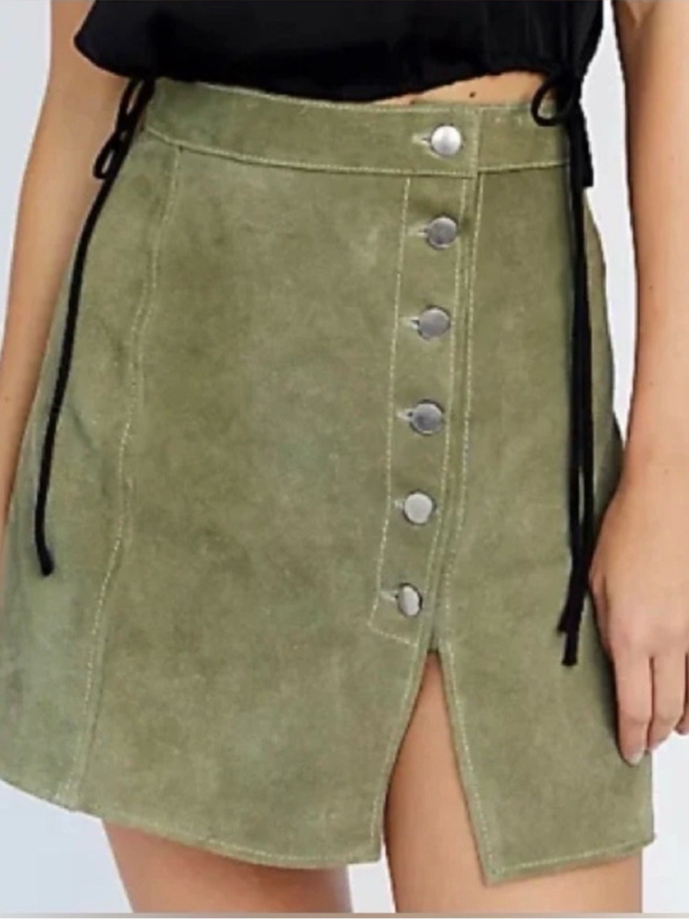 Understated Leather x Free People Olive Green Real Suede Button-Front Mini Skirt